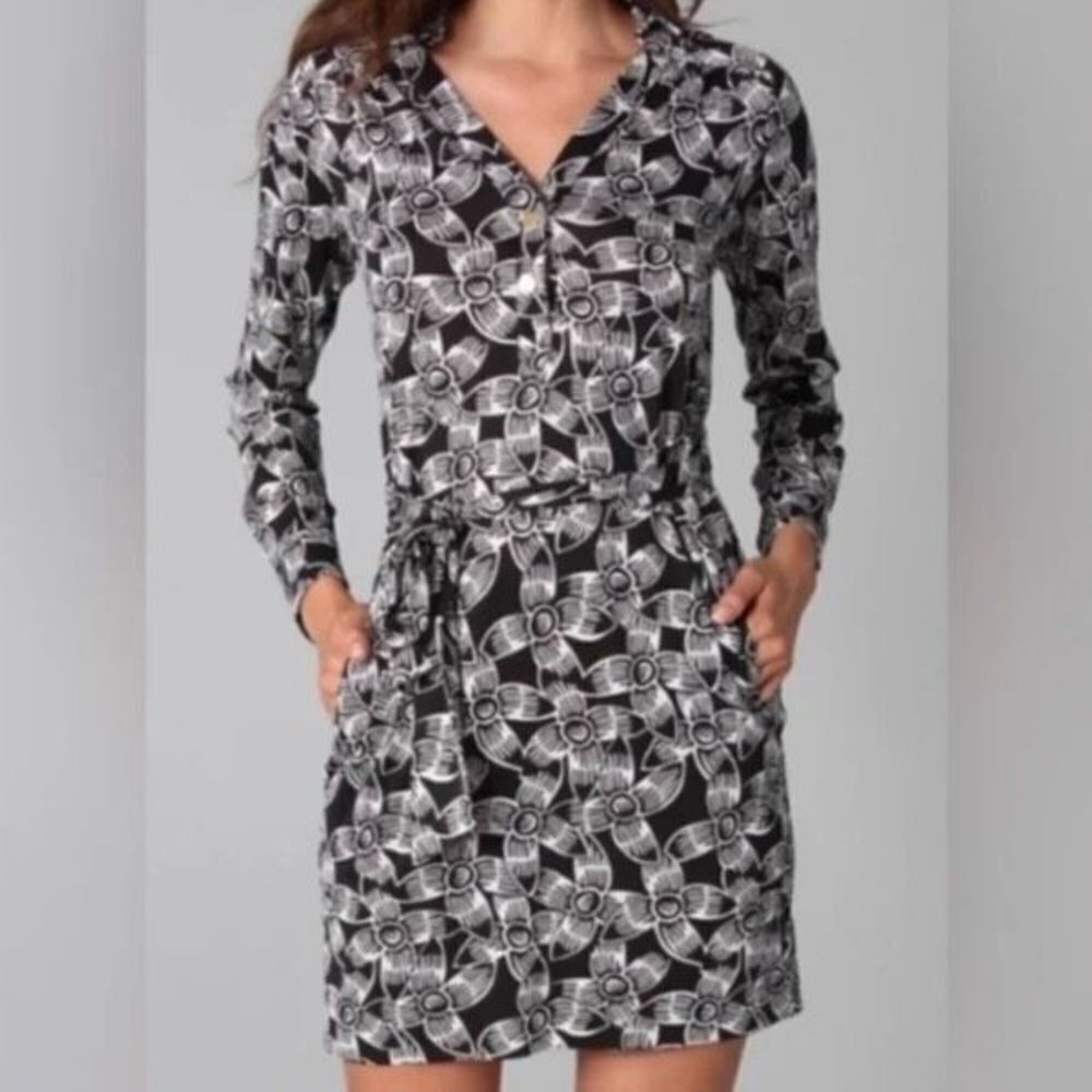 Diane Von Furstenberg Women's Golda Silk Floral Shirt Dress Black White Size 8